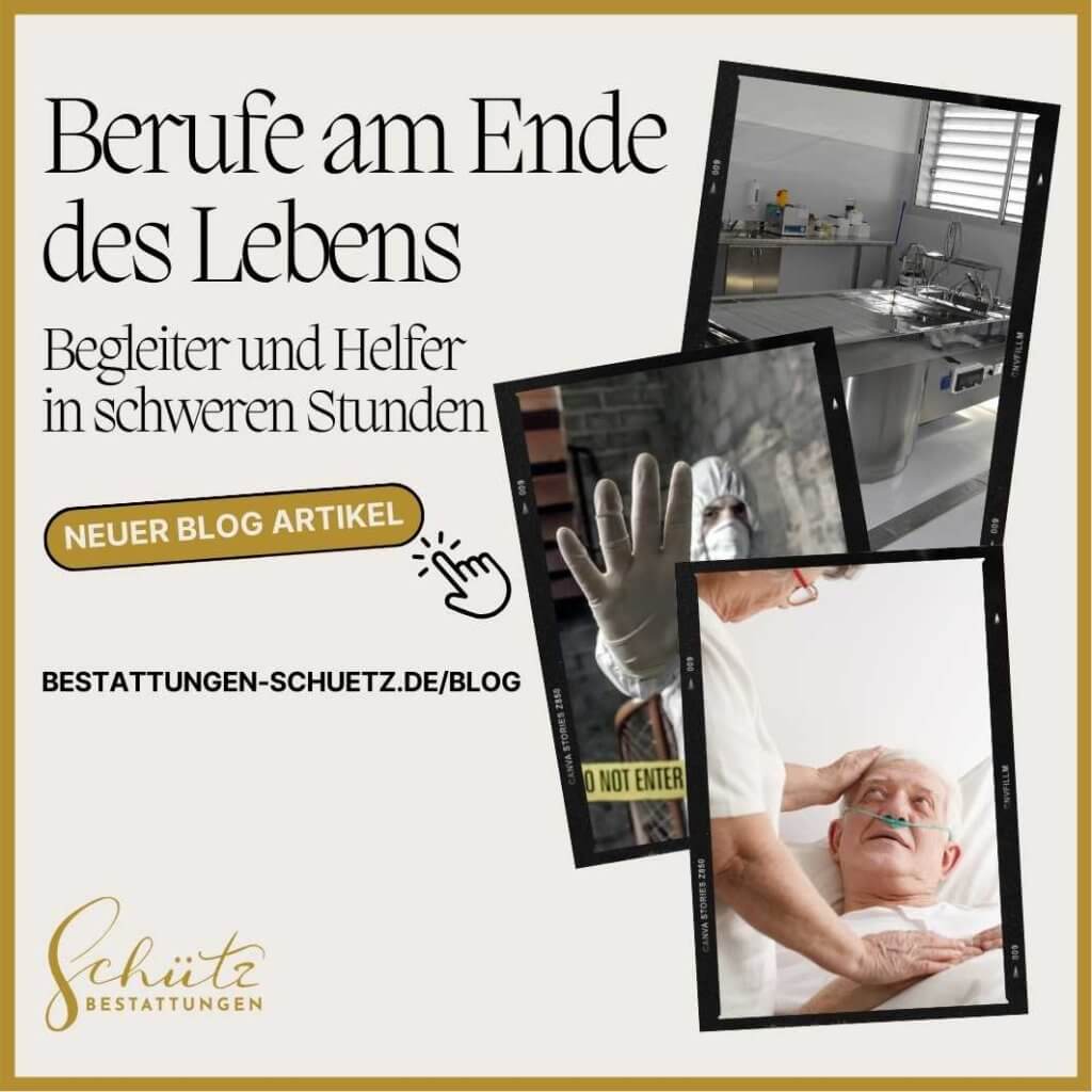 Bild für den Blogbeitrag „Berufe am Ende des Lebens“ mit einem goldenen Rahmen und drei Fotos: Pathologie-Tisch, Tatortreiniger in Schutzausrüstung und Palliativpflegerin mit einem älteren Mann mit Sauerstoffmaske.