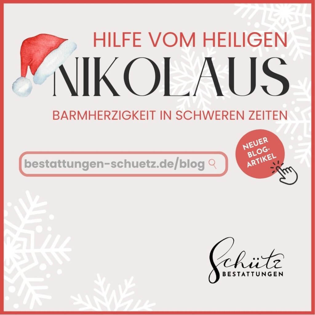 „Hilfe vom Heiligen Nikolaus“ – Schriftzug mit roter Nikolausmütze auf dem Buchstaben N, weißen Schneeflocken und dem Logo von Schütz Bestattungen.