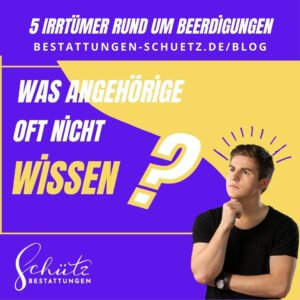 Junger Mann im schwarzen Shirt mit nachdenklicher Miene, begleitet von Text über Beerdigungsirrtümer und Angehörigenwissen.