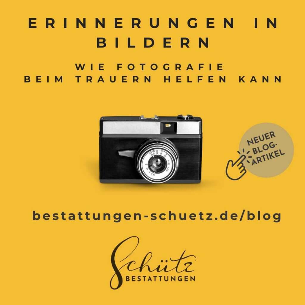 Retro-Fotoapparat vor gelbem Hintergrund mit dem Text „Erinnerungen in Bildern: Wie Fotografie beim Trauern helfen kann“, Verweis auf neuen Blogartikel und Logo von Schütz Bestattungen.