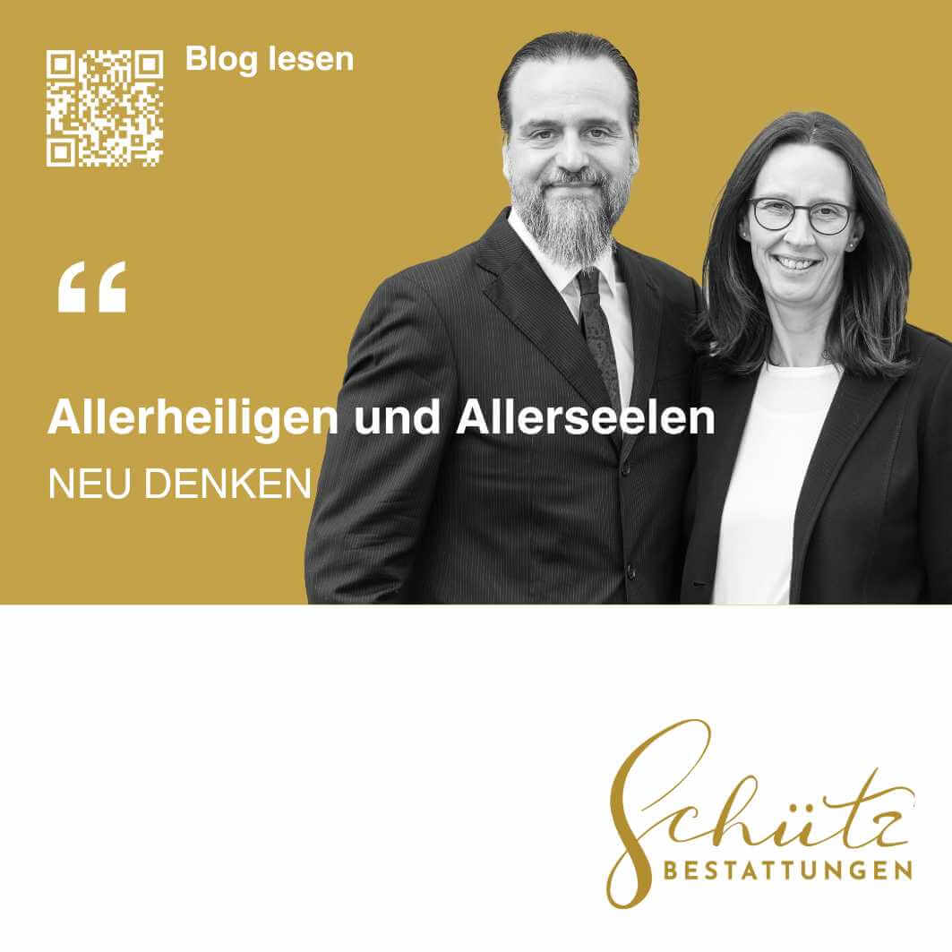 Porträt von Silvia und Daniel Schütz von Schütz Bestattungen in Schwarz-Weiß mit einem QR-Code, der zu ihrem neuen Blogartikel „Allerheiligen und Allerseelen neu denken“ führt; das Bild zeigt außerdem das Schütz Bestattungen Logo in Weiß und Gold.