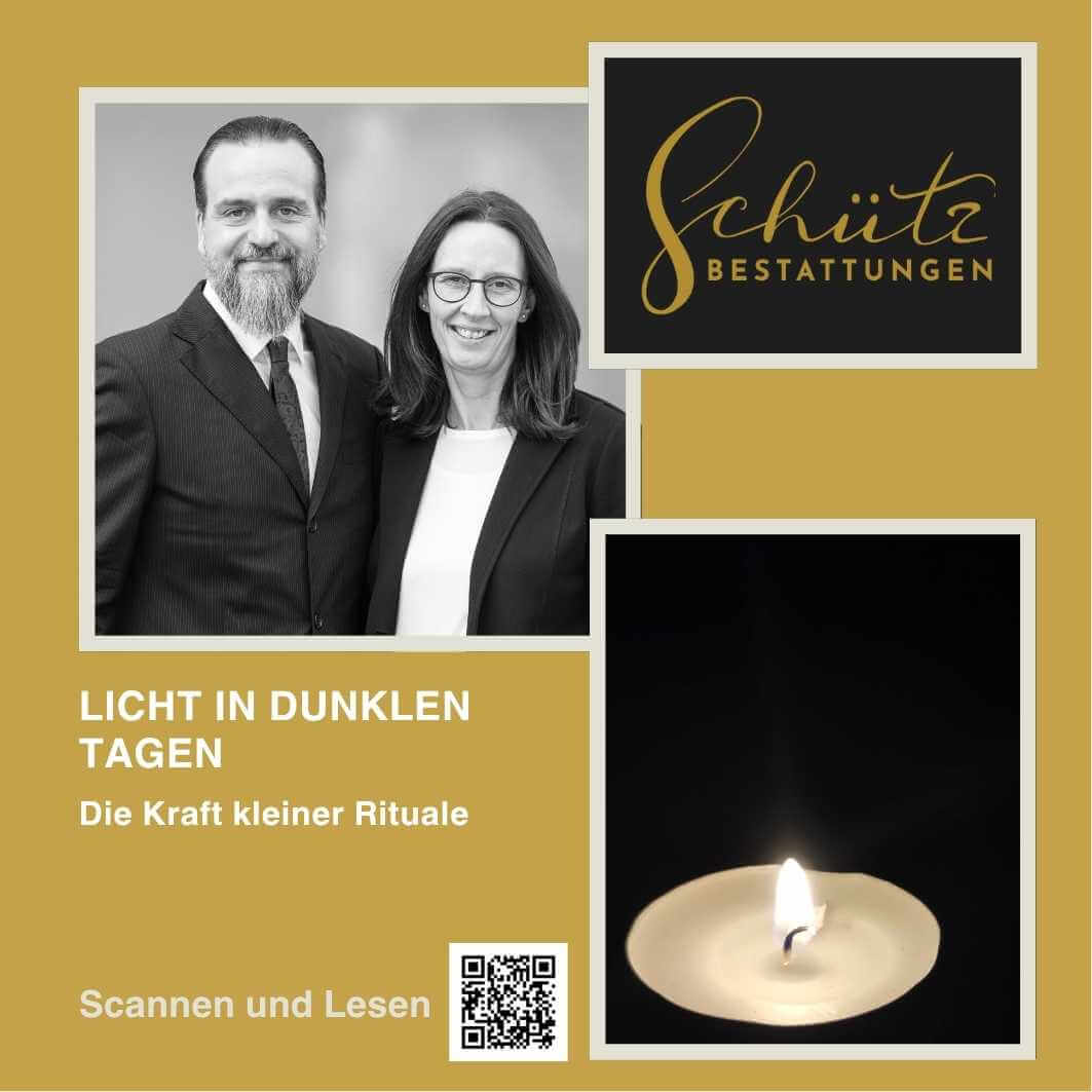Silvia und Daniel Schütz von Schütz Bestattungen in Schwarz-Weiß, eine brennende Kerze, ein QR-Code mit Verweis auf den Blogartikel „Licht an dunklen Tagen“ sowie das Schütz Bestattungen Logo vor weiß-goldenem Hintergrund.